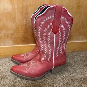 Sterling River Red Distressed Leather Cowboy Boots White Embroidery 8.5 M